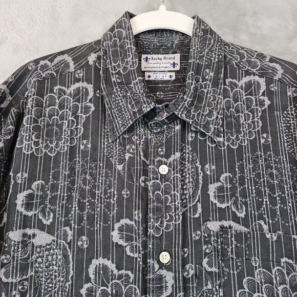 Lucky Brand Shirt Mens Size L Gray 100% Linen Koi Print Woven Breathable Casual - Picture 5 of 10